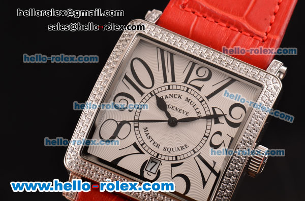 Franck Muller Master Square Swiss Quartz Steel Case with Diamond bezel and Red Leather Strap - Click Image to Close